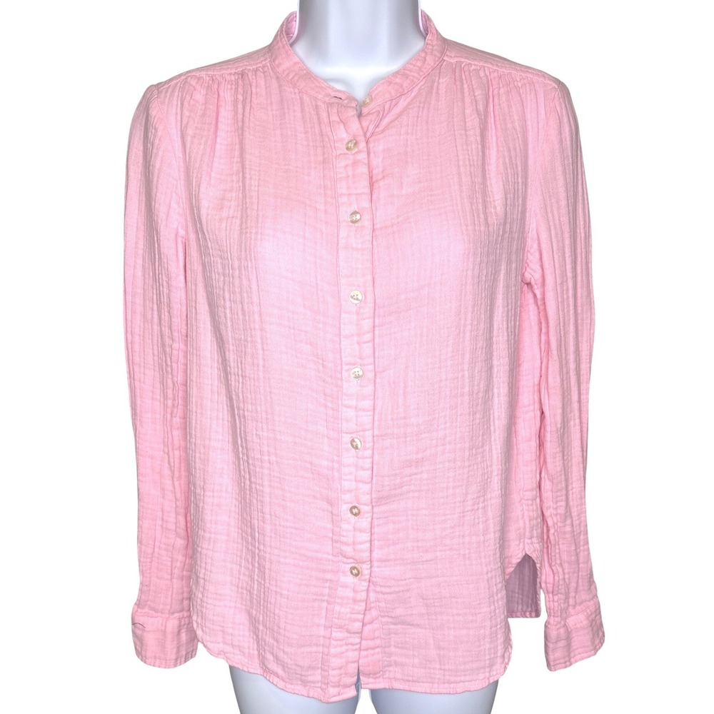 Gap Pink Double Gauze Cotton Button-Down Shirt M Banded Collar Coastal Casual